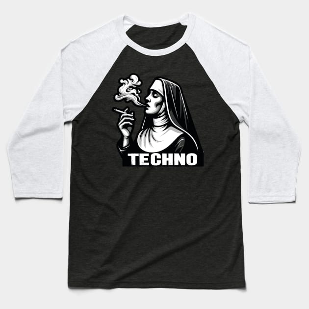 Renaissance Beats: Smoking Nun Techno Tee Baseball T-Shirt by Skull Riffs & Zombie Threads